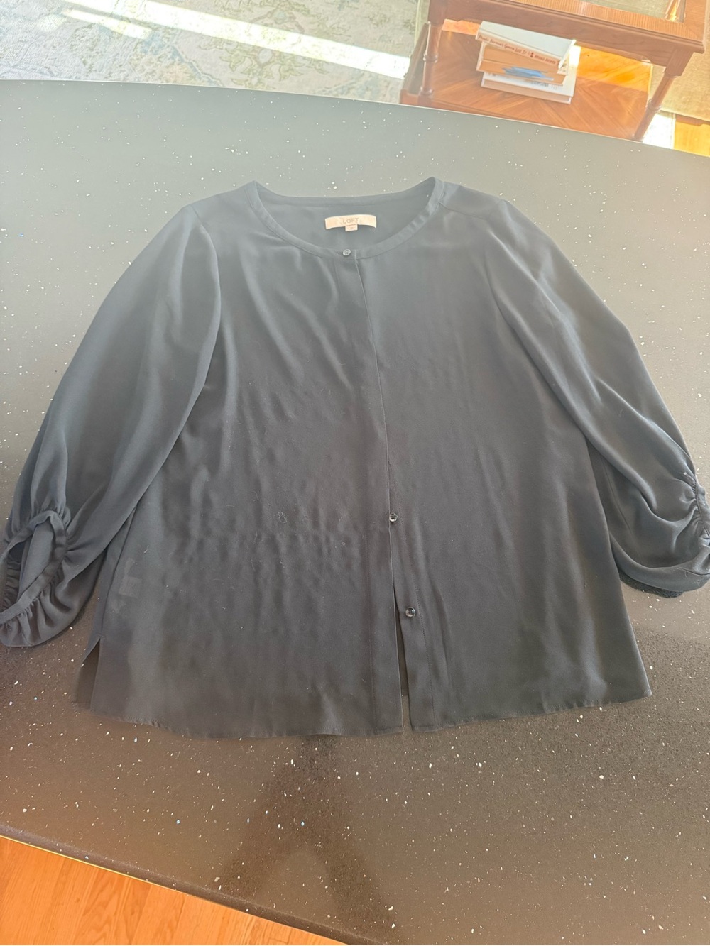 Womens Ann Taylor Loft Black Button-Front Blouse with 3/4 Sleeves